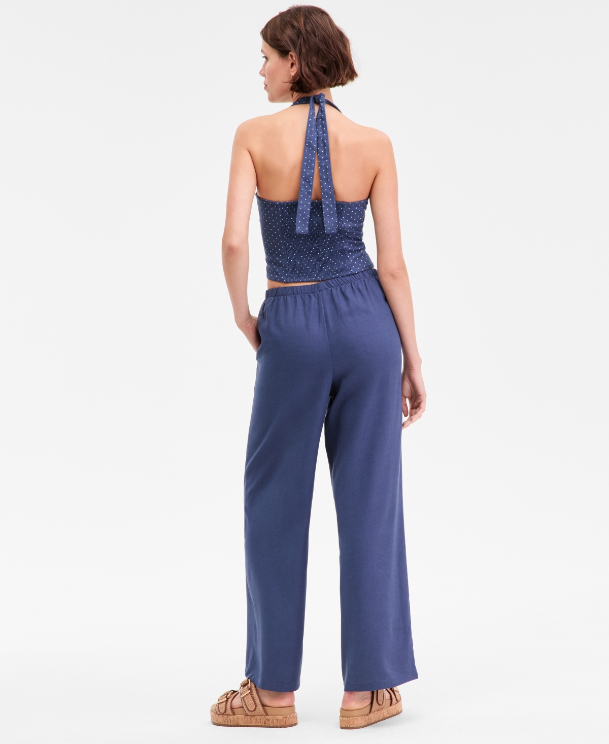 Hippie Rose Juniors' Linen-Blend Wide-Leg Tie-Front Drawstring Pants