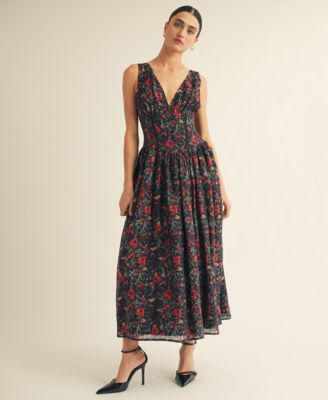 Women’s V-Neck Detailed Floral Printed Maxi Dress