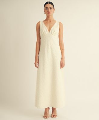 Women's V-Neck Scalloped Lace Tie-Back Slip Midi Dress