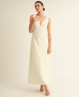 Women's V-Neck Scalloped Lace Tie-Back Slip Midi Dress