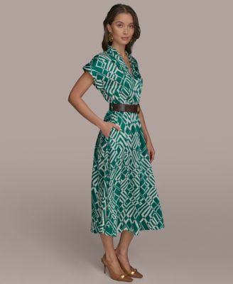 Women's Short-Sleeve Printed V-Neck A-Line Dress with Waist Belt