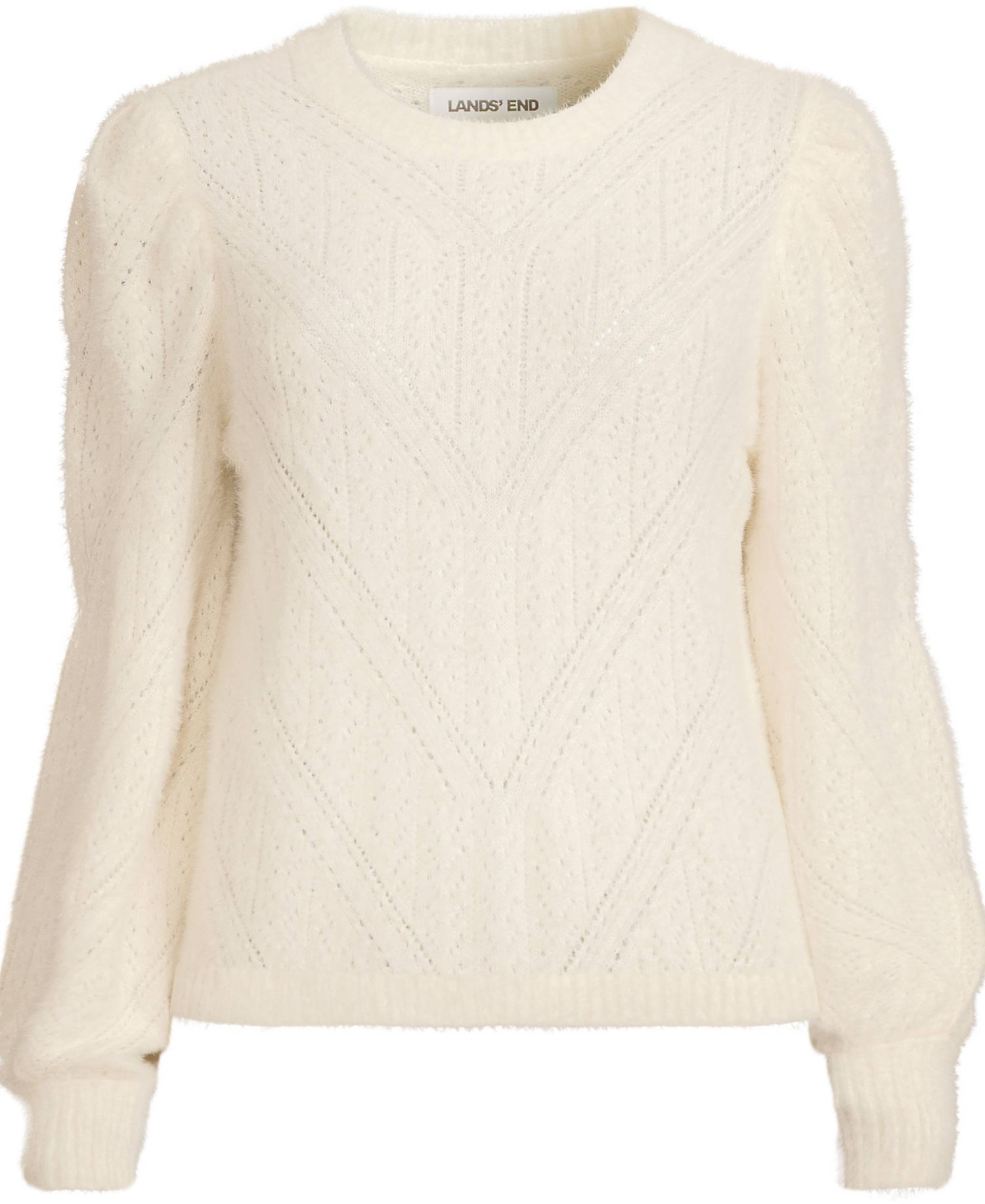 Women's Eyelash Fuzzy Pointelle Puff Sleeve Sweater