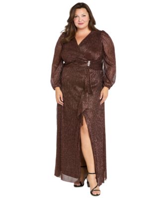 R & M Richards - Plus Size Crinkle Pleated Long Sleeve Ruffle Cascade Dress