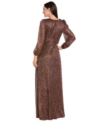 Petite Long Sleeve Crinkle Pleated Ruffle Cascade Dress