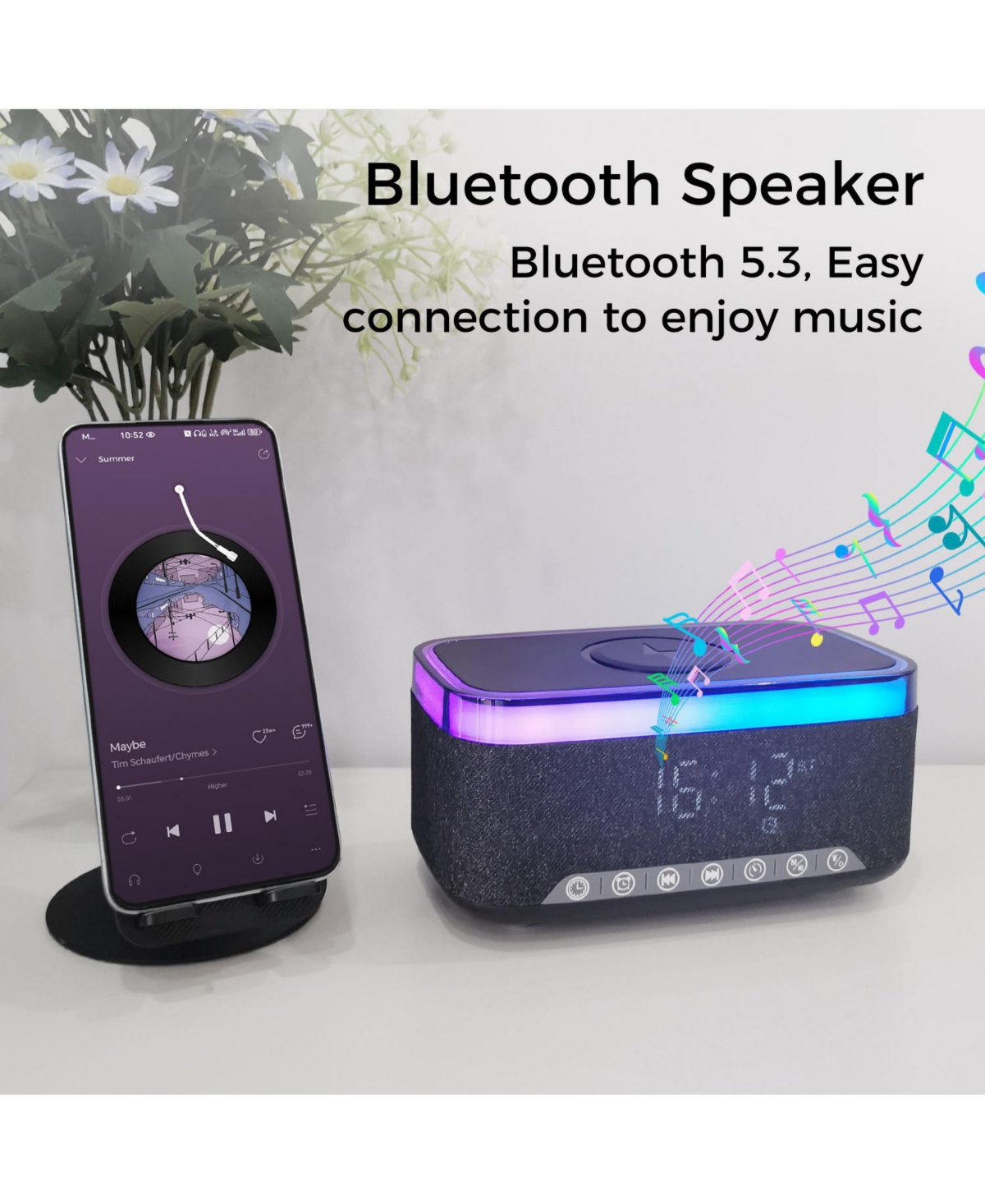 Alpha Digital 10W Bluetooth Stereo Speaker-Alarm Clock, Wireless Charging, Rgb light