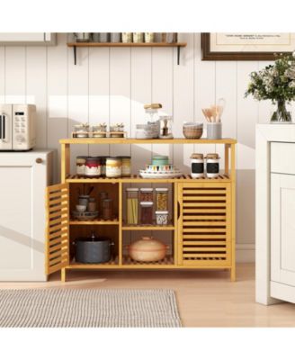 Bamboo Bathroom Cabinet 2-Door Storage Organizer w/ Shelves for Living Room