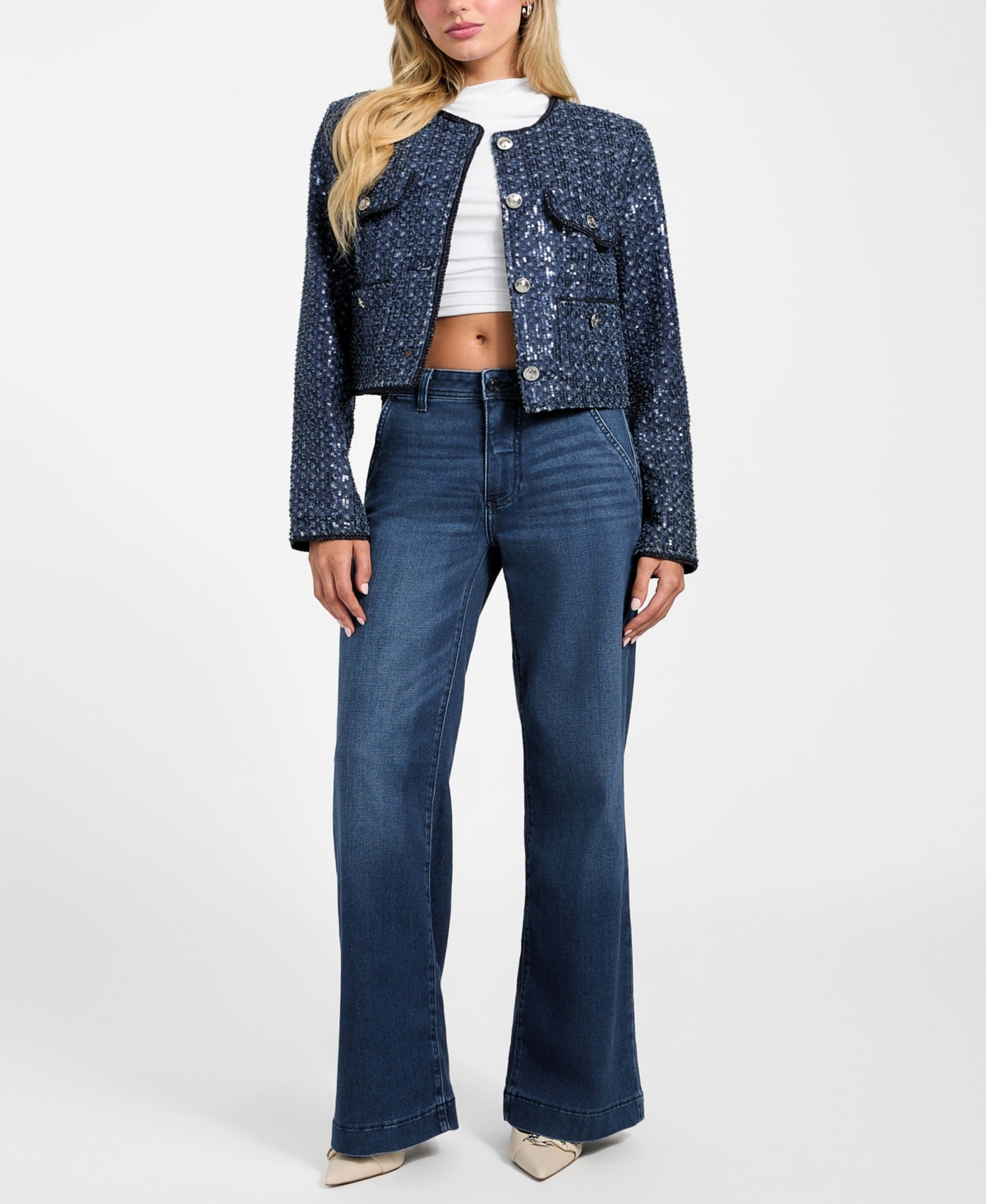 Guess Elisa Sequin Crop Jacket In Blue