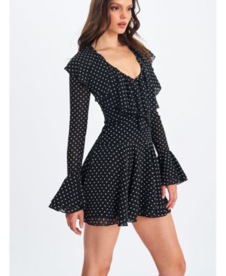 Women Omari Black Chiffon Polka Dot Ruffled Neckline Mini Dress