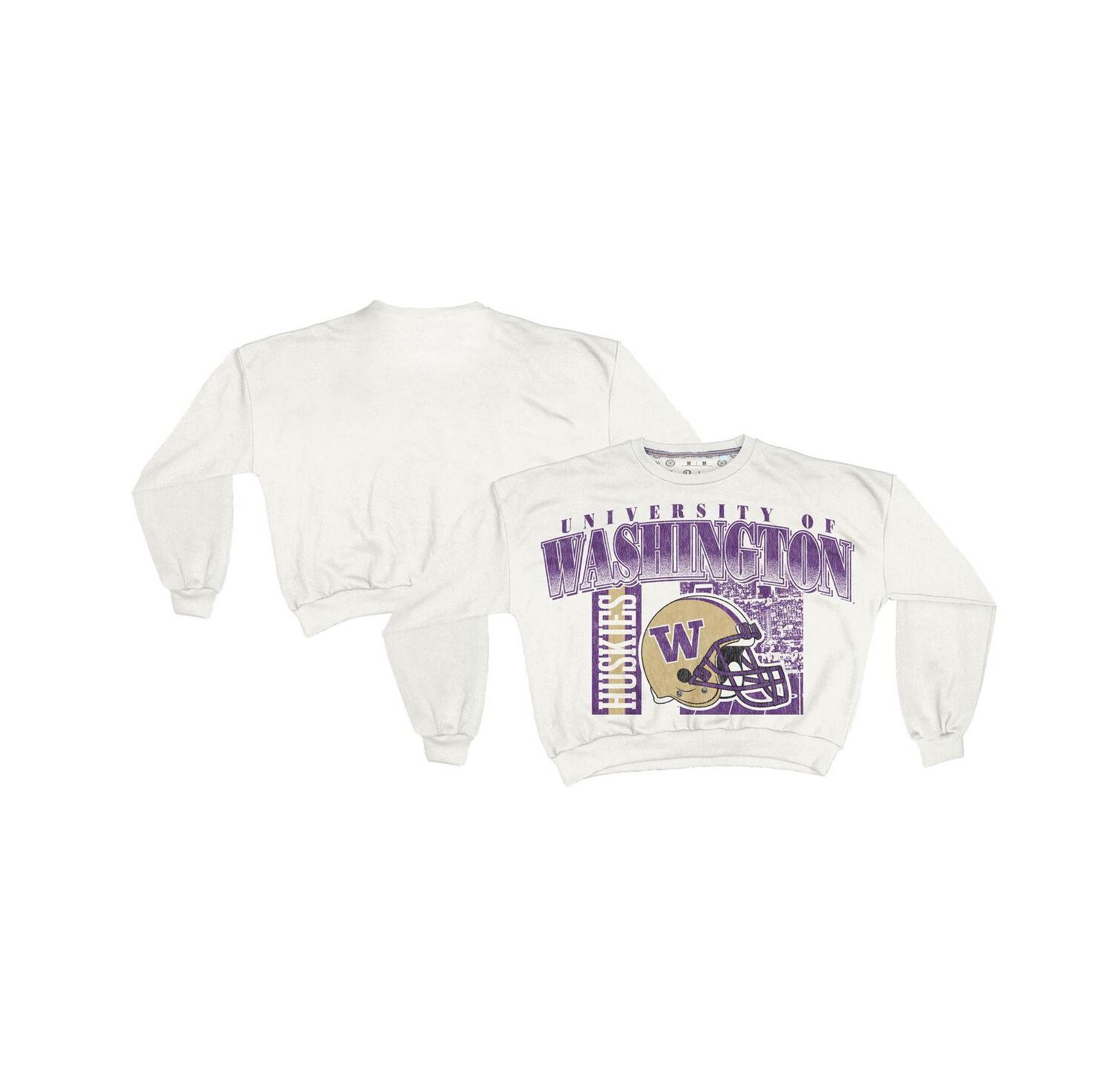 Women's White Washington Huskies Oversized Janice Retro Waist-Length Sweatshirt