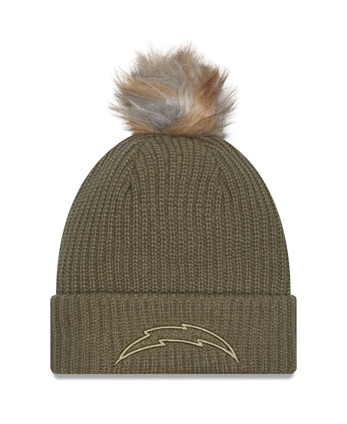 New Era Women's Dark Green Los Angeles Chargers 2025 Salute To Service Cuffed Pom With Knit Hat In Green