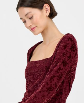 Juniors' Flocked Long-Sleeve Square-Neck Top