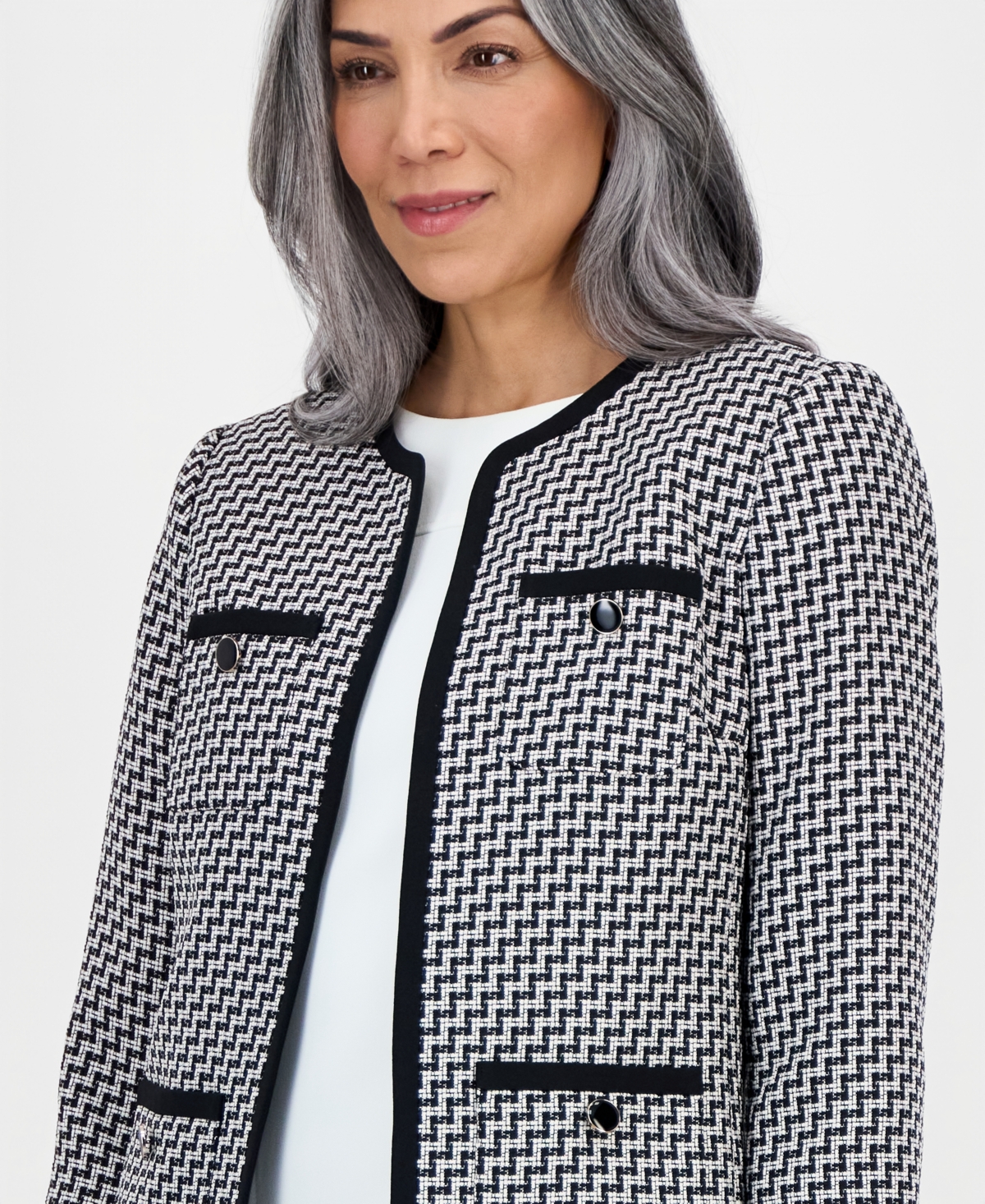 Kasper Women's Zig-zag-jacquard Collarless Jacket In Gray