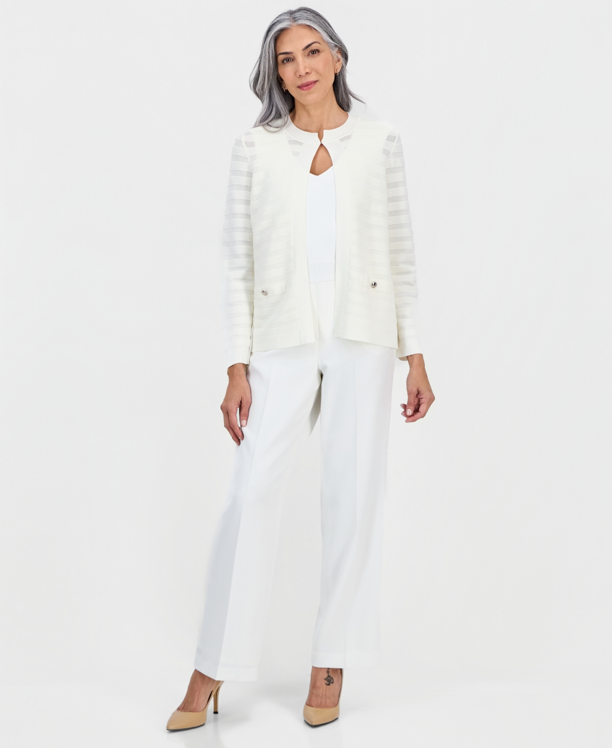 Kasper Women's Ottoman Stitch Long-sleeve Cardigan In White