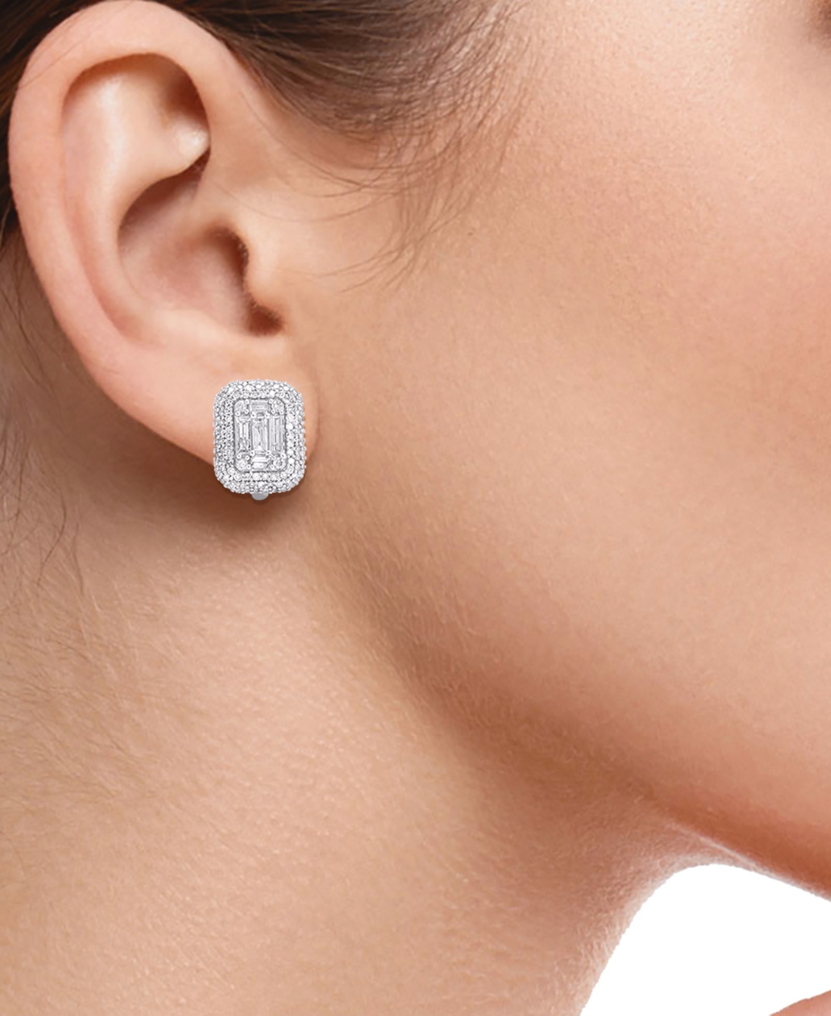 Macy's Round (0.58 Ct. T.w.) And Baguette (0.42 Ct. T.w.) Diamond Earrings In 14k White Gold In Metallic