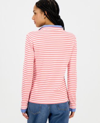 Women's Striped Double Collar Long Sleeve Cotton Shirt