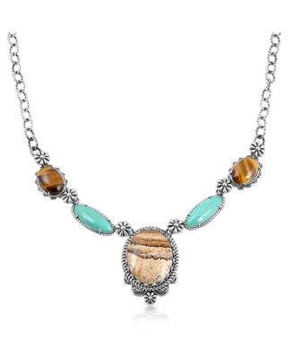 Sterling Silver Picture Jasper, Green Turquoise and Tiger's Eye Concha Station Necklace, 17 to 20 Inches