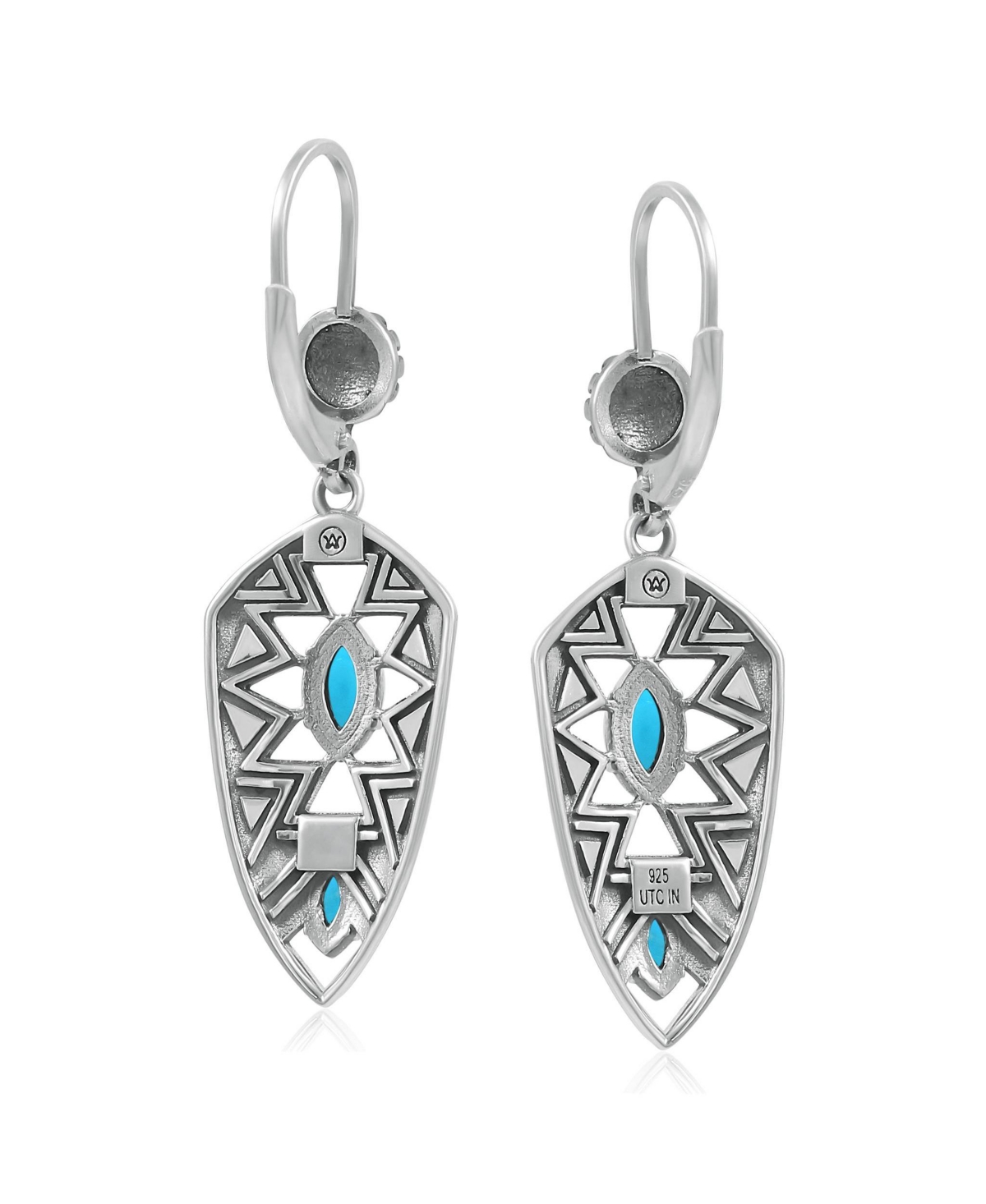American West Jewelry Sterling Silver Marquise Kingman Turquoise Patterned Lever Back Earrings