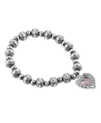 Sterling Silver Rhodochrosite Heart Charm Bead Bracelet, Sizes Medium to Large