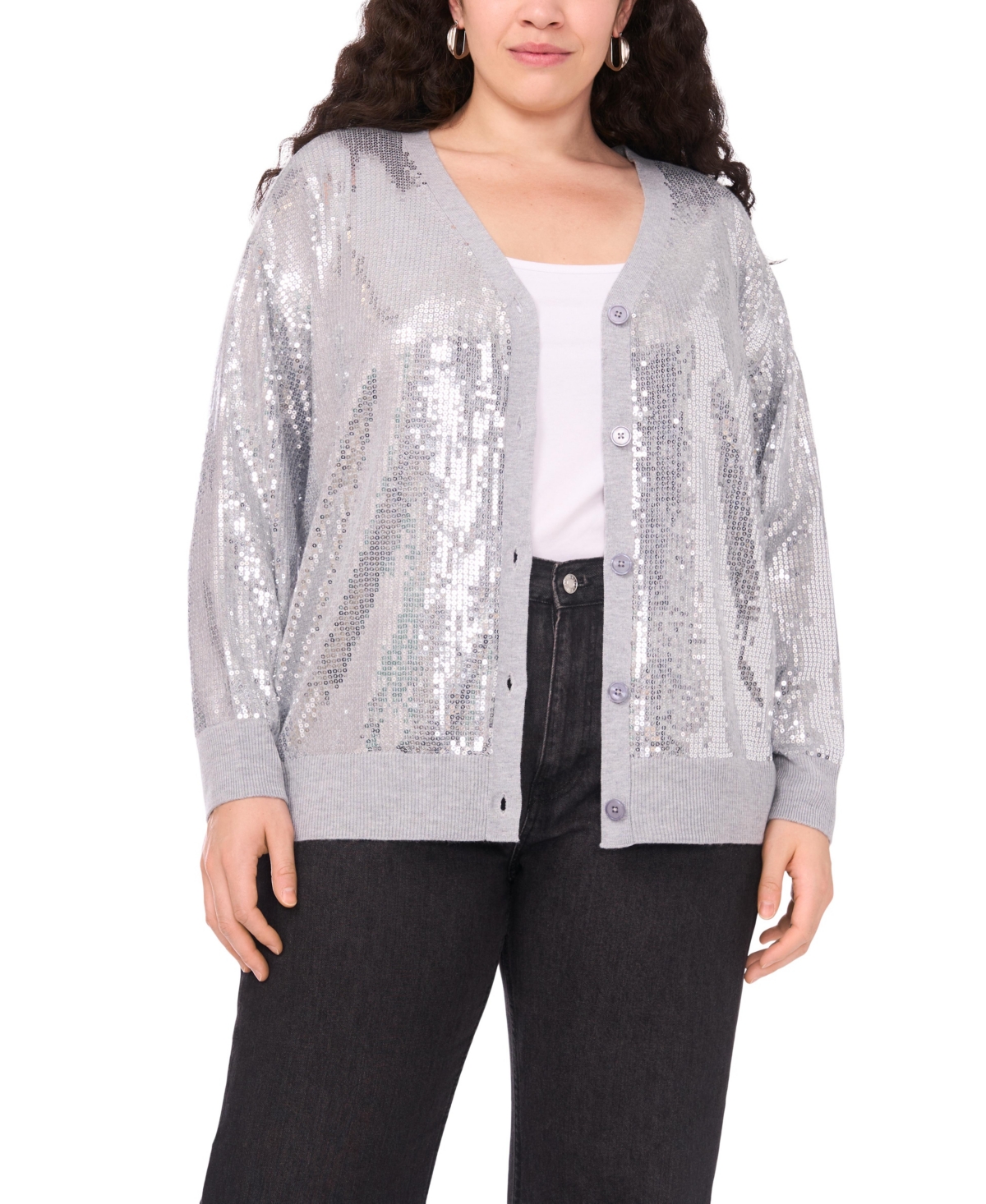 Vince Camuto Plus Size Sequined V-neck Cardigan Sweater In Gray