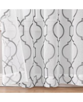 Transcendence 1 Piece Grommet Top Embroidered Sheer Trellis Clover Window Curtain Panel - Silver