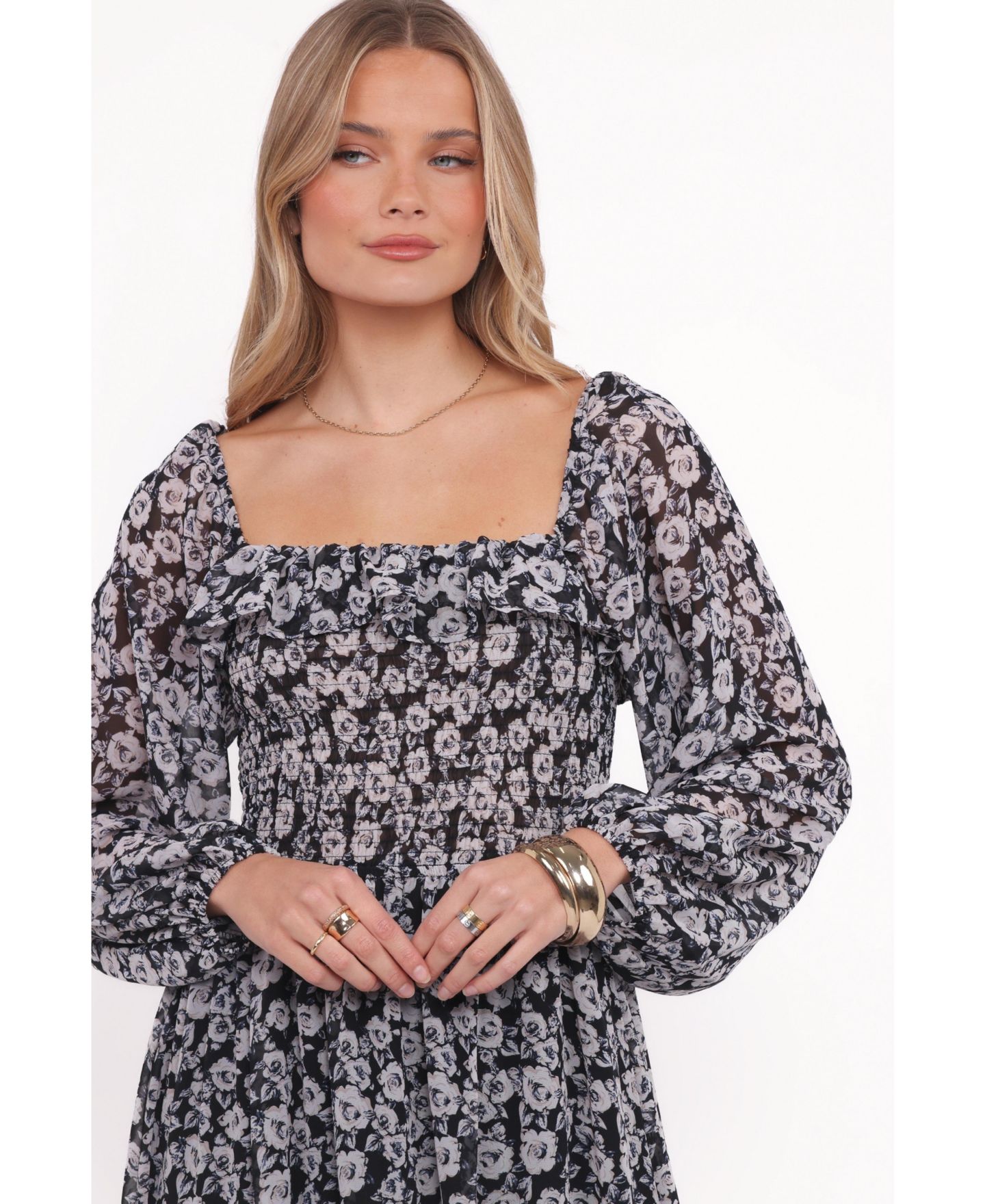 Женское платье Petal and Pup Faith Long Sleeve Maxi, цвет: Чёрный с принтом — фото 2