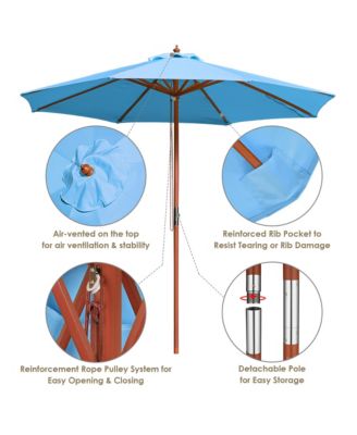9ft Solid Wood Outdoor Patio Umbrella with Base Included Parasol Wheels Stand for Bistro Market Garden Deck Yard Poolside Blue