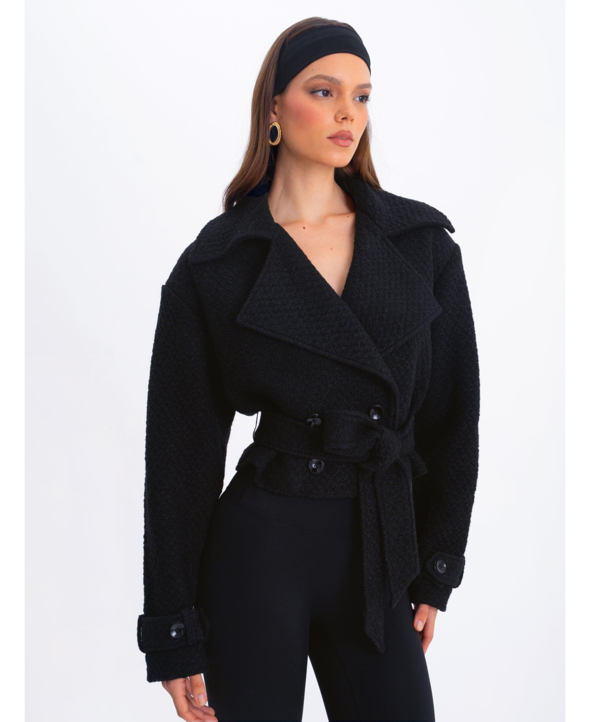 Miss Circle Women's Dara Black Wool Blend Cropped Double-Breasted Belted Coat