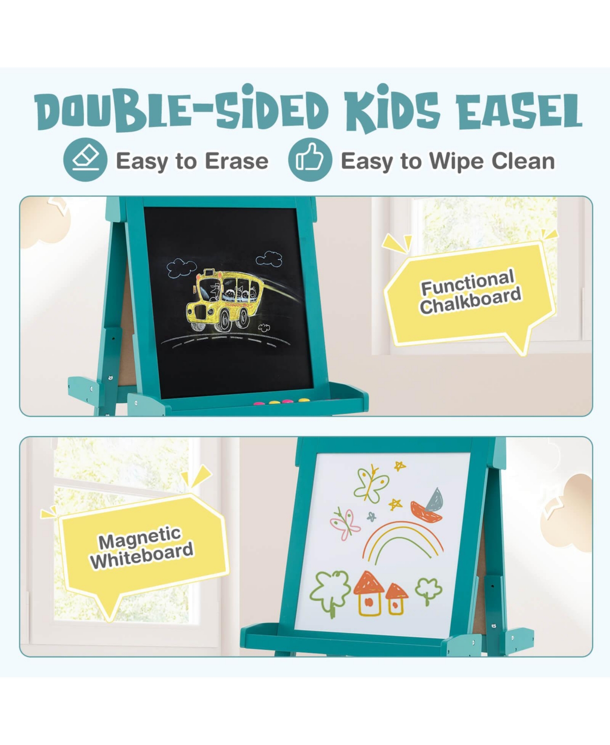 Costway Foldable Easel for Kids 3-in-1 Double-sided Art with Chalkboard