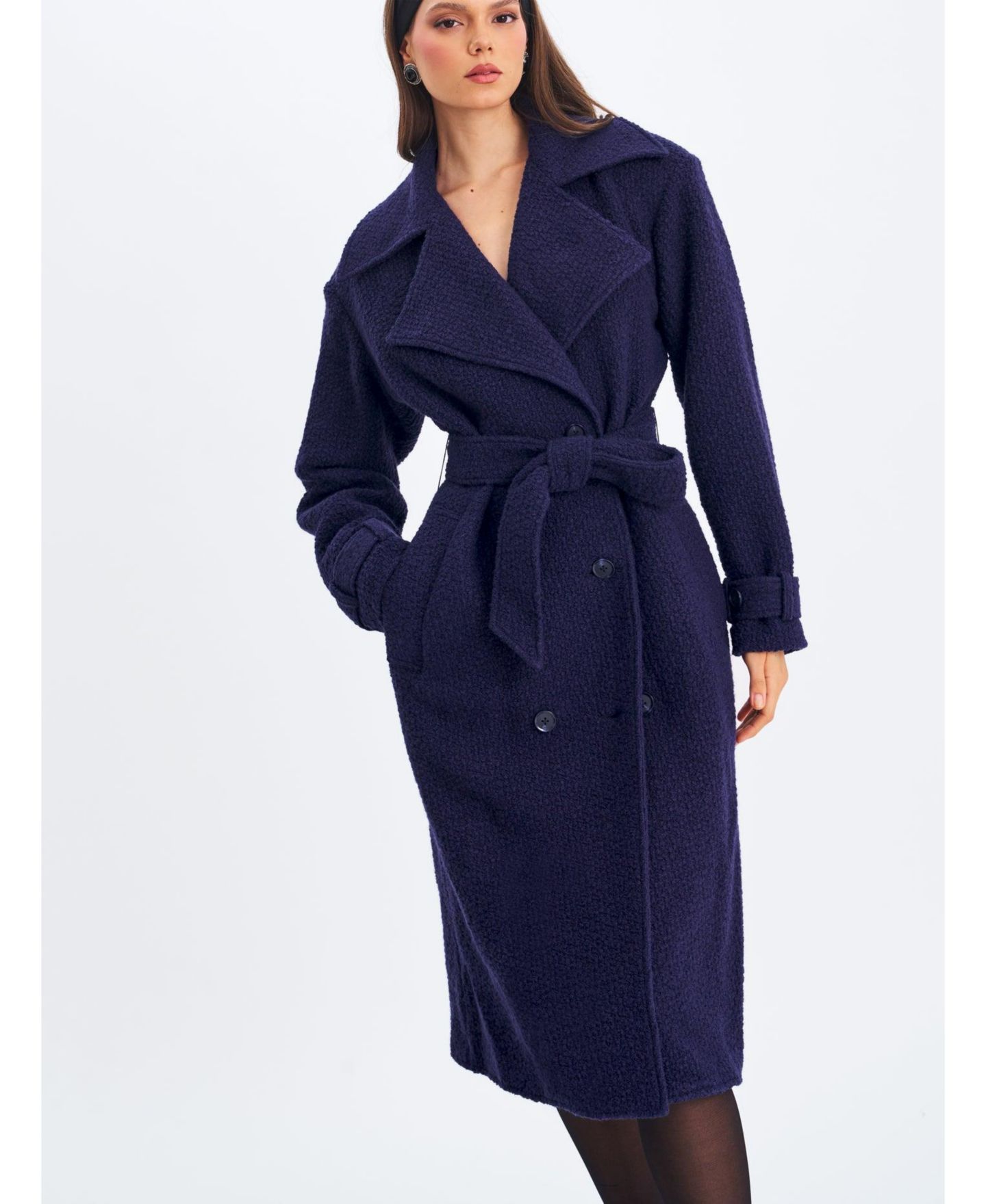 Женское пальто Miss Circle Jaelyn Midnight Blue Wool Blend Double-Breasted Belted, цвет: Тёмно-синий — фото 3