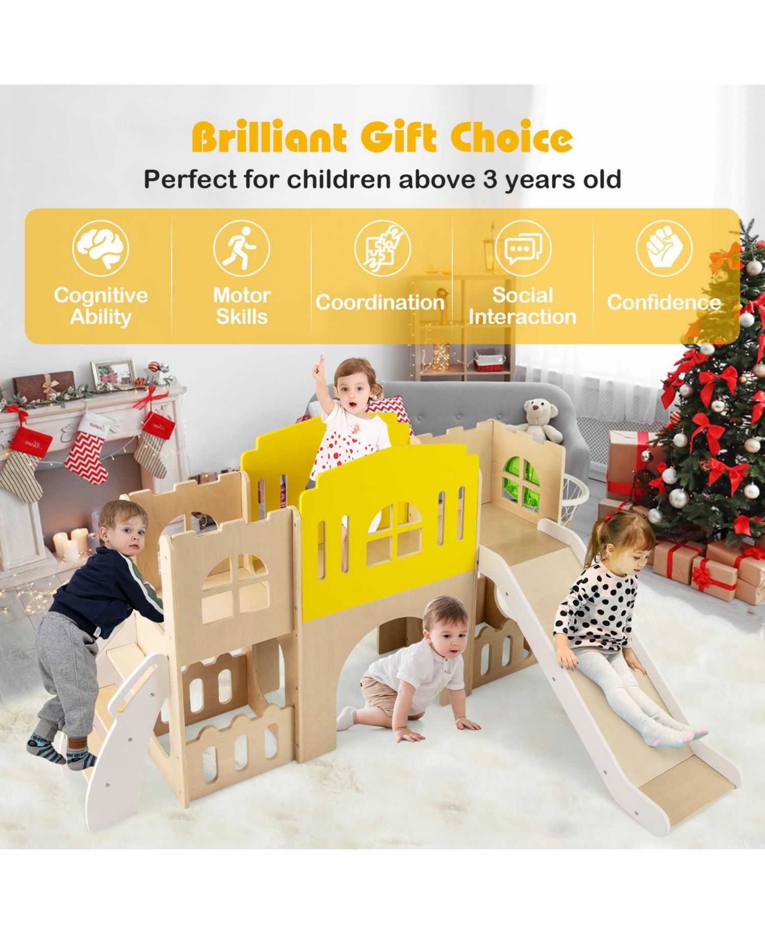 7-in-1 Toddler Slide Set Wooden Castle-Shaped Activity Center