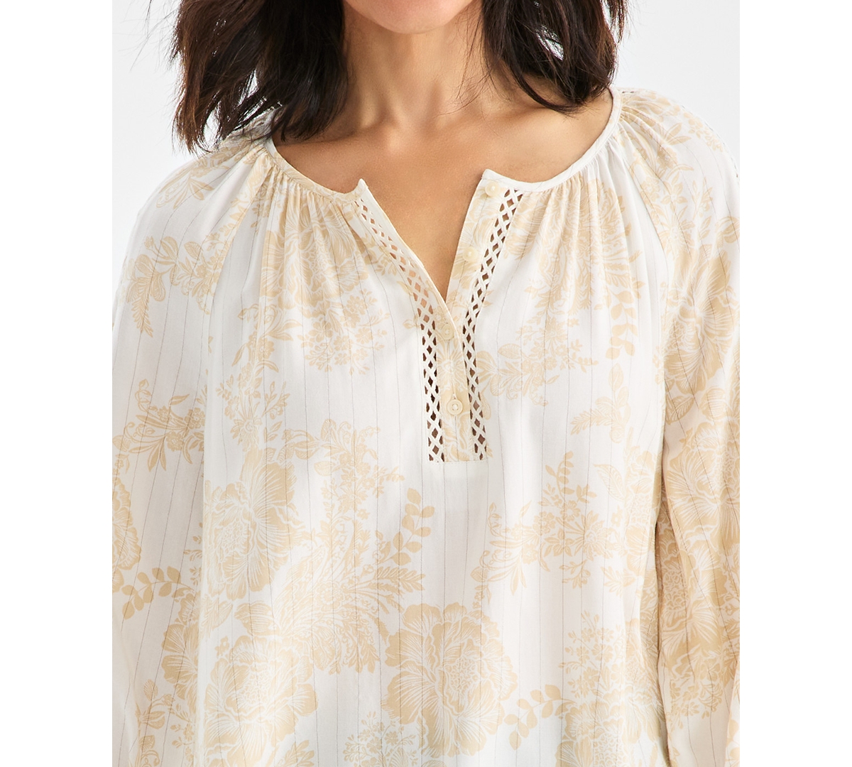 Style & Co Petite Floral Printed Peasant Top, Macy's Exclusive In Neutral
