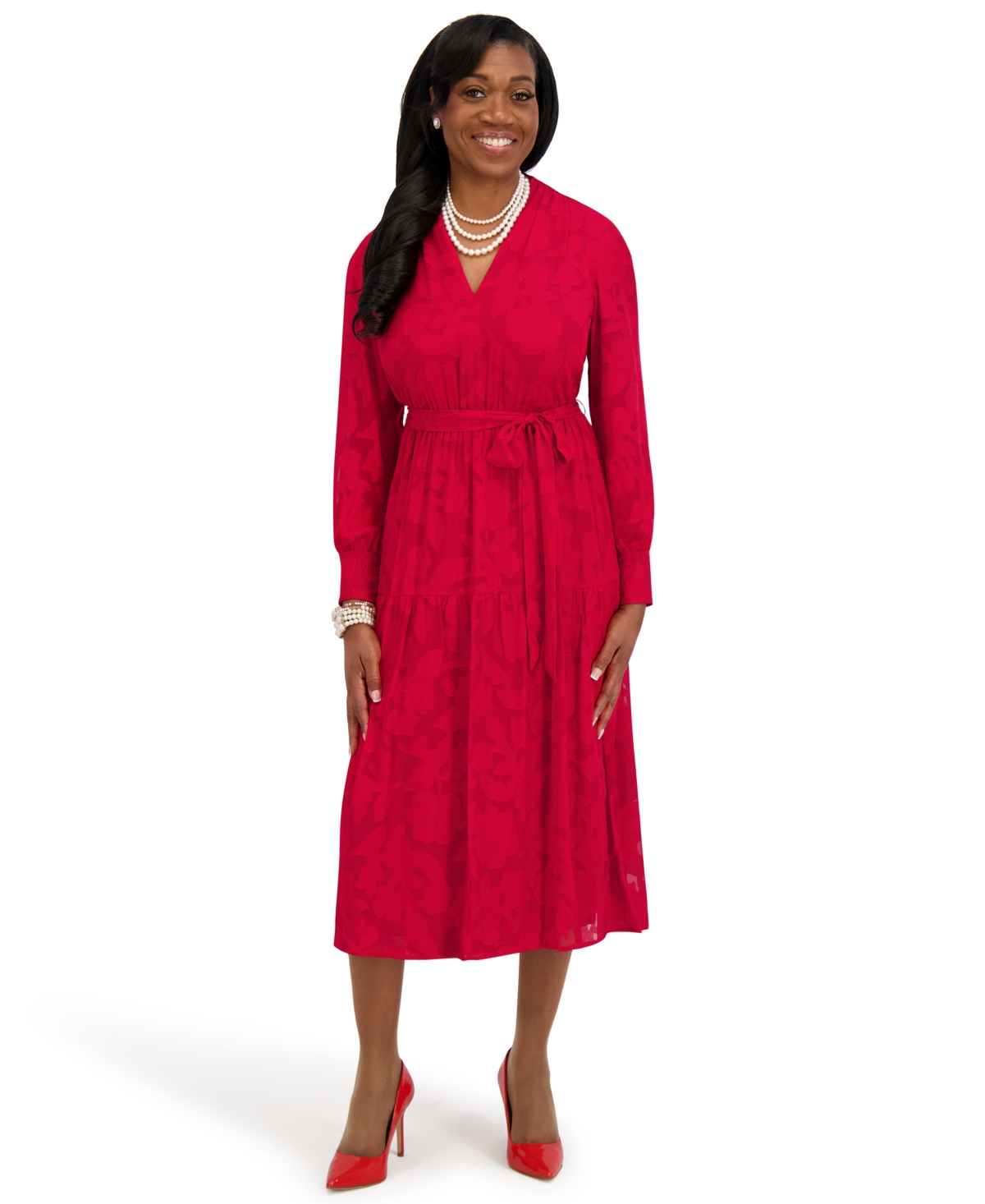 Kasper Women's Soft V-neck Tiered Midi Dress In Red