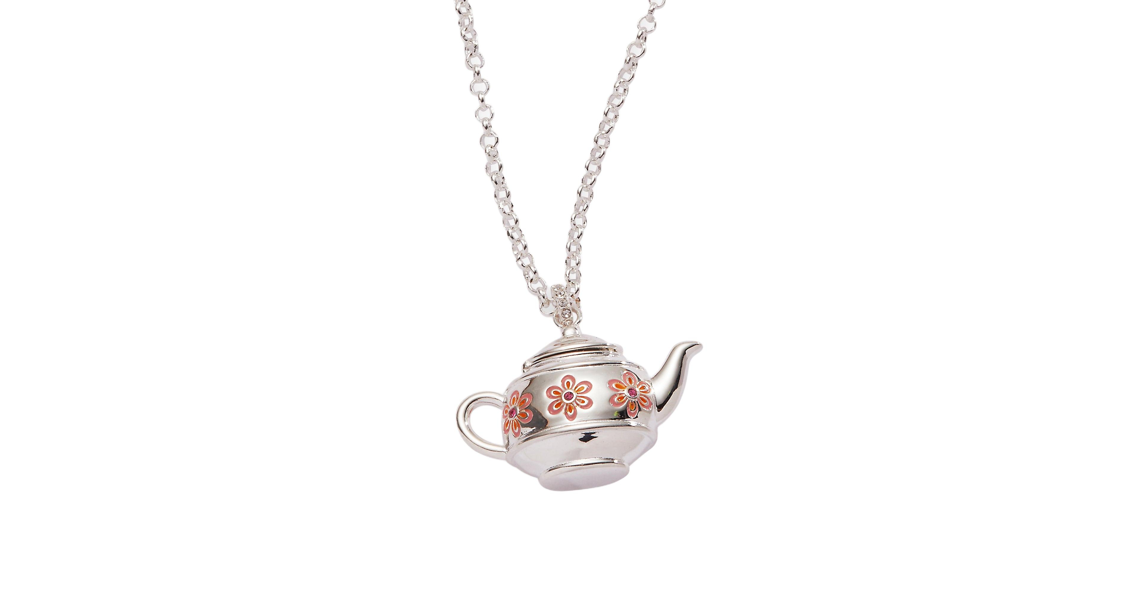 Floral Teapot Locket Pendant Necklace
