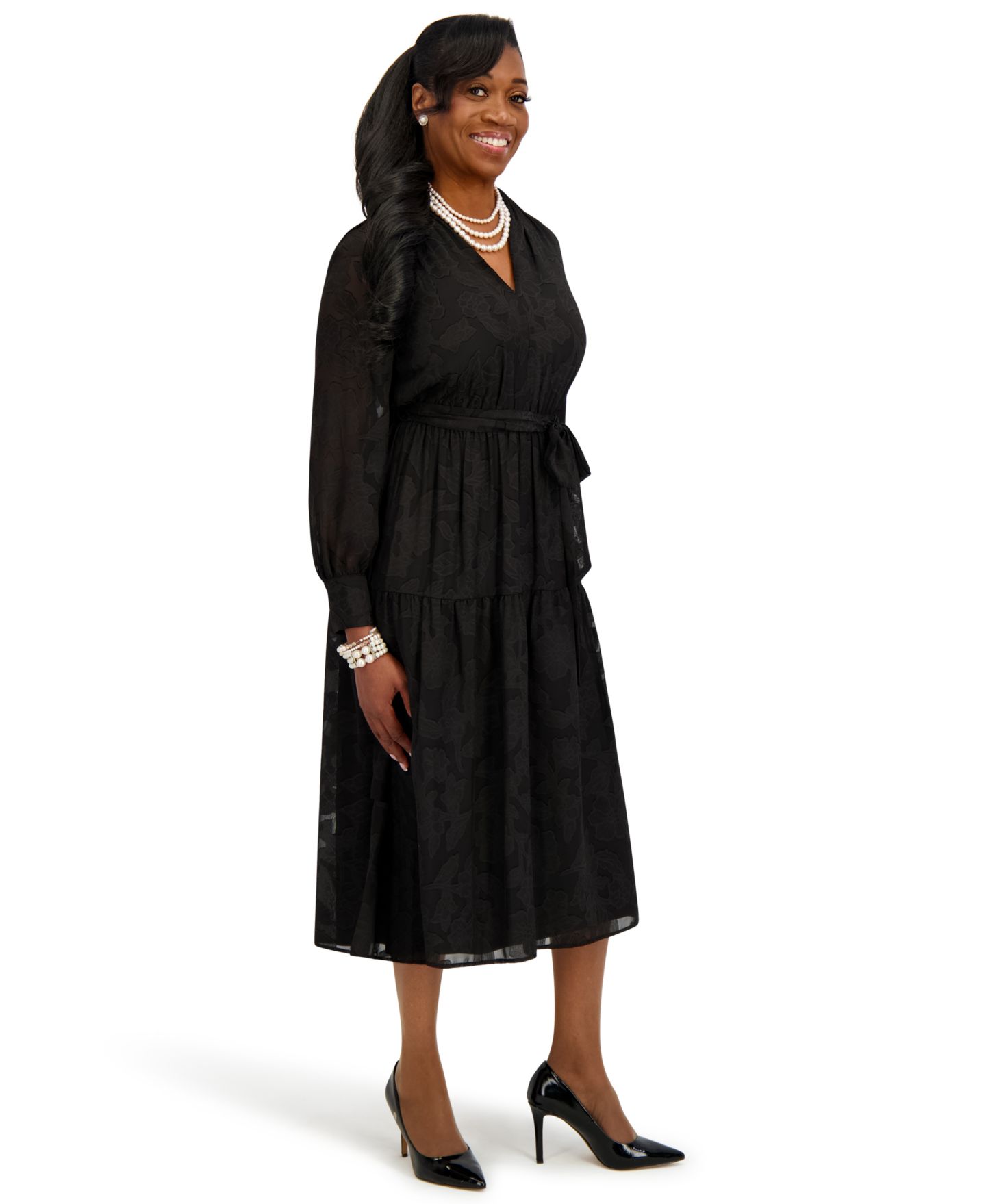 Женское платье Kasper Soft V-Neck Tiered Midi, цвет: Чёрный — фото 1