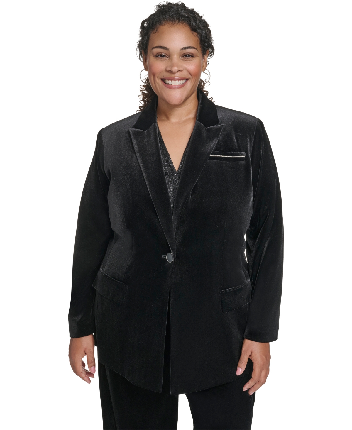 Calvin Klein Plus Size Padded One Button Jacket In Black