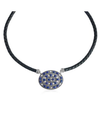 Sterling Silver Lapis Oval Pendant Black Leather Necklace, 17 to 20 Inches