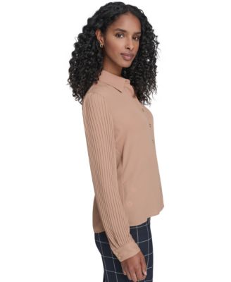 Women's Pleated Sleeve Button-Up Blouse