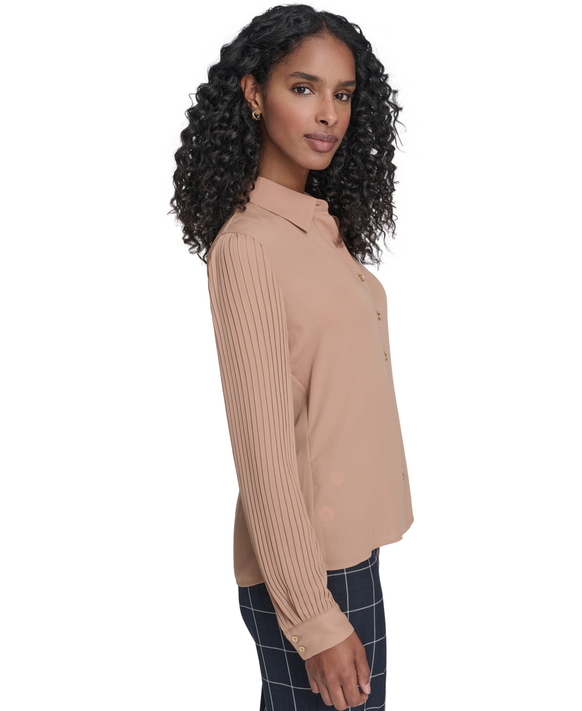 Tommy Hilfiger Women's Pleated Sleeve Button-up Blouse In Brown