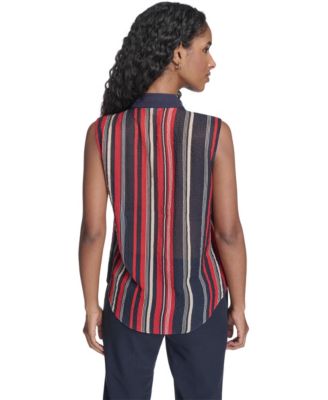 Women's Sleeveless Striped Tie V-Neck Blouse