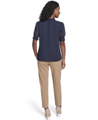 Women's Floral Clip Mock Neck Short Sleeve Blouse