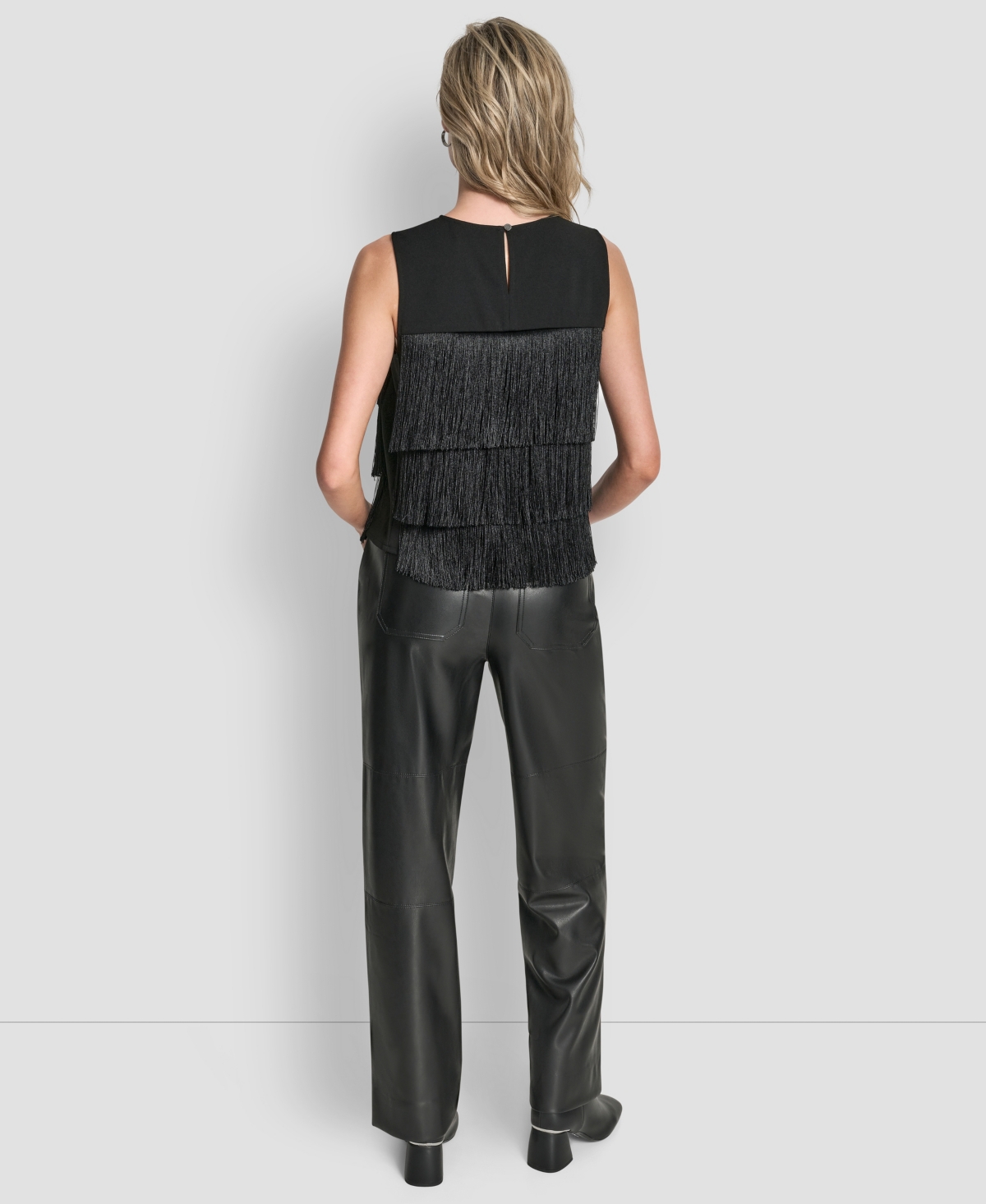 Dkny Womens Tiered Fringe Blouse Seamed Straight Pants In Black