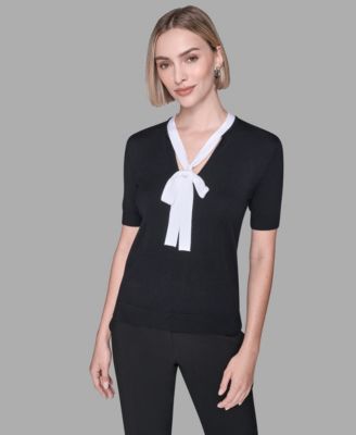 KARL LAGERFELD PARIS - Women's V-Neck with Tie Pull-On Top