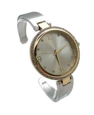 Two Tone Round Face Rhinestone Bezel Soft Bangle Women Watch