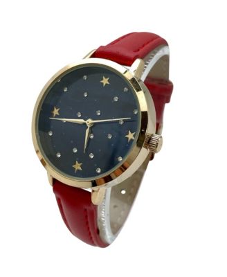 Stars and Rhinestones Faux Leather Women Watch, Burgundy