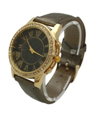 Pewter Glitter and Gold Detail Leather Strap Watch