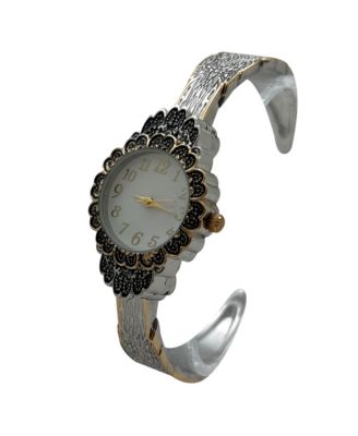 Two Tone Elegant Flower Detailed Face Bangle Women Watch