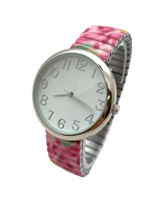 Bright Pink Big Dial Easy Reader Watch Printed Elastic Stretch Band Wristwatch Women Watch