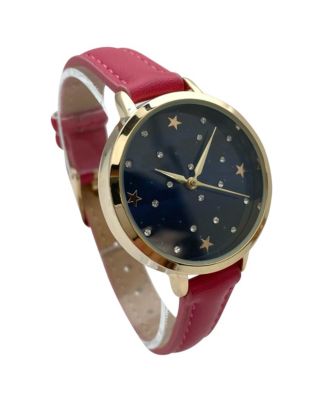 Stars and Rhinestones Faux Leather Women Watch, Hot Pink