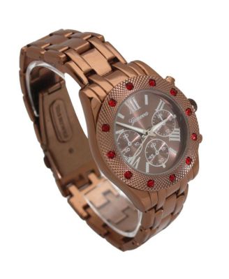 Brown Women's Red Rhinestone Detail Boyfriend Metal Watch