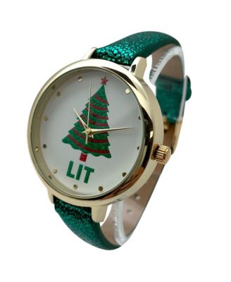 Shiny Green Faux Leather Christmas Themed Women Watches
